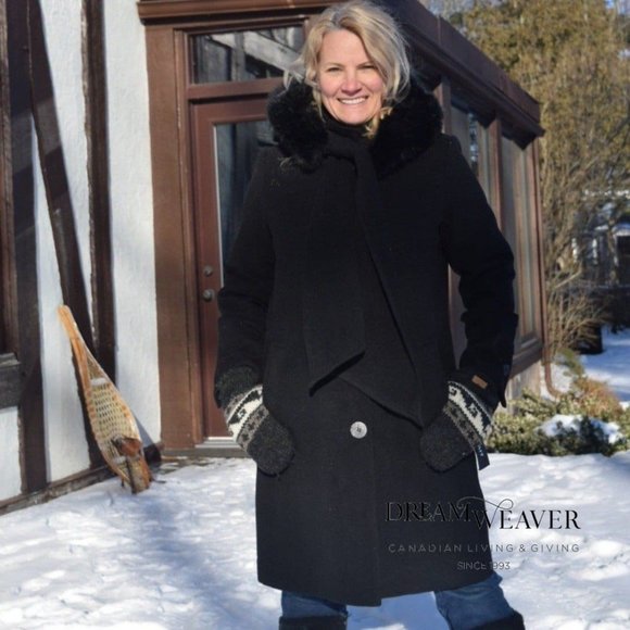 Black Dress Coat with Faux Fur Hood and Scarf - Picture 7 of 11